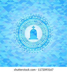 tombstone icon inside realistic light blue emblem. Mosaic background