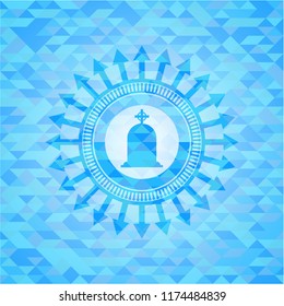 tombstone icon inside realistic light blue emblem. Mosaic background