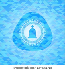 tombstone icon inside realistic light blue emblem. Mosaic background