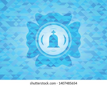 tombstone icon inside realistic light blue mosaic emblem