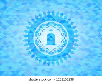 tombstone icon inside realistic sky blue emblem. Mosaic background