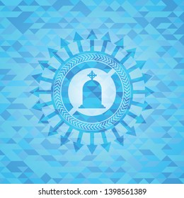 tombstone icon inside realistic sky blue emblem. Mosaic background