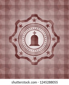 tombstone icon inside red emblem or badge with abstract geometric pattern background. Seamless.