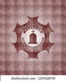 tombstone icon inside red emblem with geometric pattern background. Seamless.