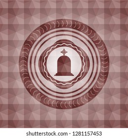 tombstone icon inside red emblem or badge with abstract geometric pattern background. Seamless.