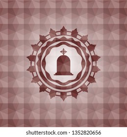 tombstone icon inside red emblem or badge with abstract geometric pattern background. Seamless.