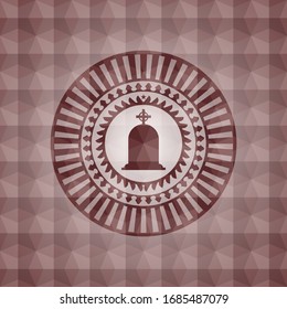 tombstone icon inside red emblem with geometric background. Seamless.