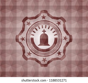tombstone icon inside red seamless geometric emblem.