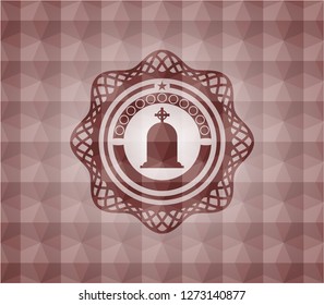tombstone icon inside red seamless geometric pattern emblem. Seamless.