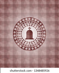 tombstone icon inside red seamless emblem or badge with geometric pattern background.