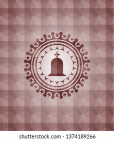 tombstone icon inside red seamless emblem with geometric pattern background.
