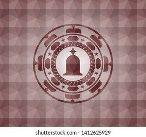 tombstone icon inside red seamless emblem or badge with abstract geometric pattern background.