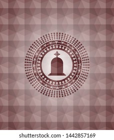 tombstone icon inside red seamless emblem with geometric pattern background.