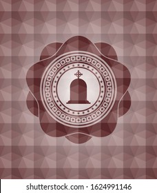 tombstone icon inside red seamless emblem or badge with geometric pattern background.