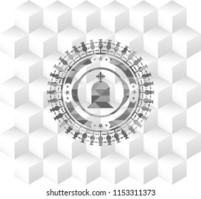 tombstone icon inside retro style grey emblem with geometric cube white background