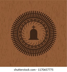 tombstone icon inside retro style wooden emblem