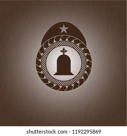 tombstone icon inside retro style wooden emblem