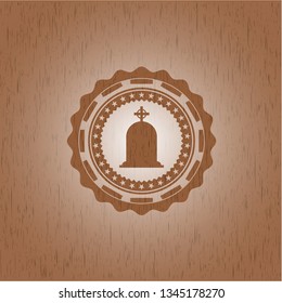 tombstone icon inside retro style wooden emblem