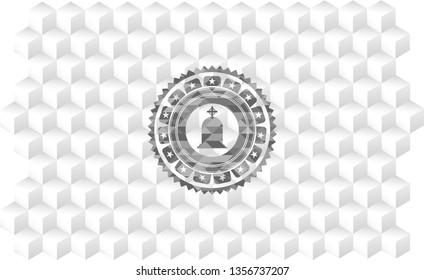 tombstone icon inside retro style grey emblem with geometric cube white background