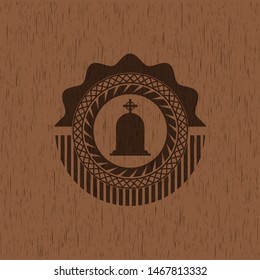 tombstone icon inside retro style wooden emblem