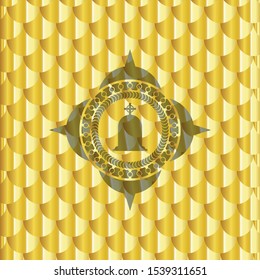 tombstone icon inside shiny golden emblem. Scales pattern. Vector Illustration. Detailed.
