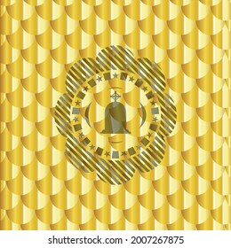 tombstone icon inside shiny golden emblem. Scales pattern. Vector Illustration. Detailed. 