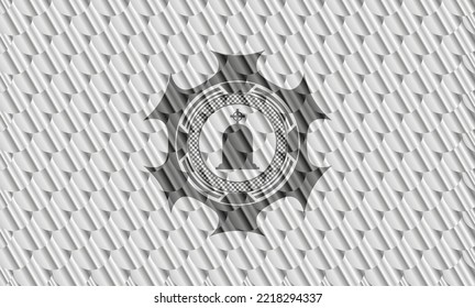 tombstone icon inside silver color badge or emblem. Scales pattern. Vector Illustration. Detailed. 