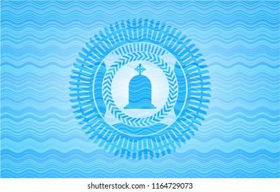 tombstone icon inside sky blue water style emblem.
