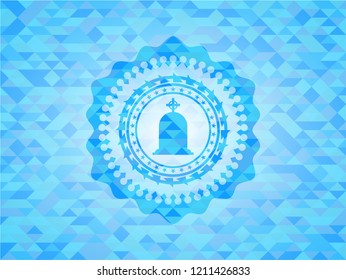 tombstone icon inside sky blue emblem with triangle mosaic background