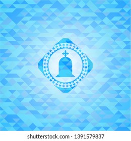 tombstone icon inside sky blue emblem. Mosaic background