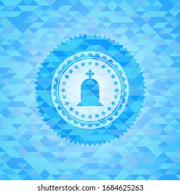 tombstone icon inside sky blue emblem. Mosaic background