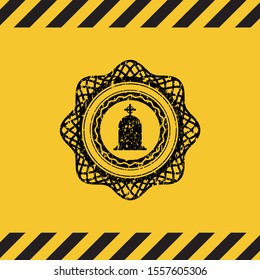 tombstone icon inside warning sign, black grunge emblem. Vector Illustration. Detailed.