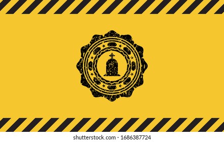 icono de lápida dentro del signo de advertencia, emblema negro de grunge. Ilustración vectorial. Detallado.