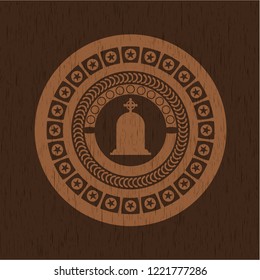 tombstone icon inside wooden emblem. Retro