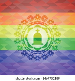 tombstone icon on mosaic background with the colors of the LGBT flag