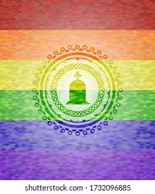 ícono de lápida sobre fondo de mosaico con los colores de la bandera LGBT. 