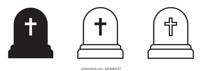 Tombstone icon set with cross in solid and outline style. Black headstone, gravestone, cemetery, rip, funeral, and halloween concept.