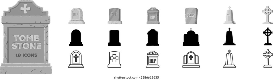 Tombstone icon. Tombstone icon set. Flat, silhouette, linear style.