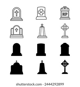 Tombstone icon set. Grave symbol set. Flat, silhouette, linear style.