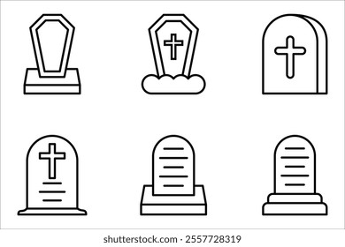 Tombstone icon set, Tombstone linear style sign for mobile concept and web design, Halloween tombstone outline vector icon, on a white background.