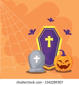 tombstone with icons in scene halloween vector illustration design