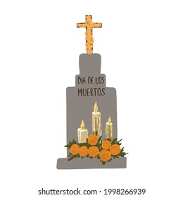 Tombstone with the inscription in Mexican "Dia de los Muertos" Ceremonial candles, marigold flowers. Vector illustration day of the dead. 