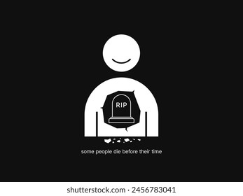 A tombstone inside the chest of a smiling man. Vector Illustration