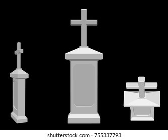 Tombstone. Isolated on black background. 3d Vector illustration. Different viewes.