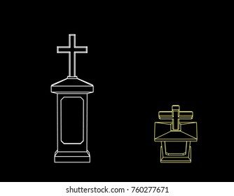 Tombstone. Isolated on black background. Vector outline illustration. Different viewes.