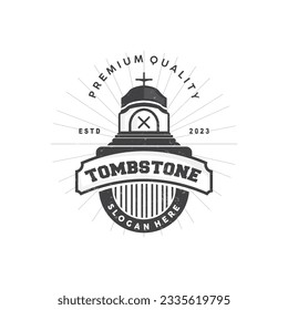 Tombstone-Logo, Grabfriedhof-Kreuz, Vektor-Vintage-Label, Retro-Abzeichen, Inspirationsdesign