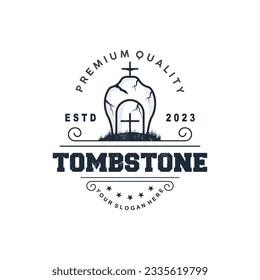 Tombstone Logo, Tomb Cemetery Cross, Vector Vintage Label, Retro Badge, Inspirational Design