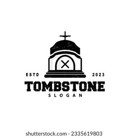 Tombstone Logo, Tomb Cemetery Cross, Vector Vintage Label, Retro Badge, Inspirational Design