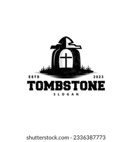 Tombstone Logo, Tomb Cemetery Cross, Vector Vintage Label, Retro Badge, Inspirational Design