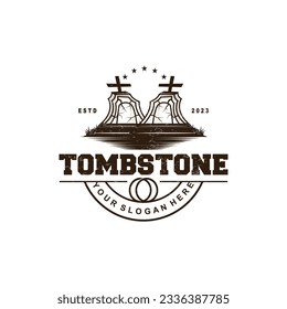 Tombstone Logo, Tomb Cemetery Cross, Vector Vintage Label, Retro Badge, Inspirational Design
